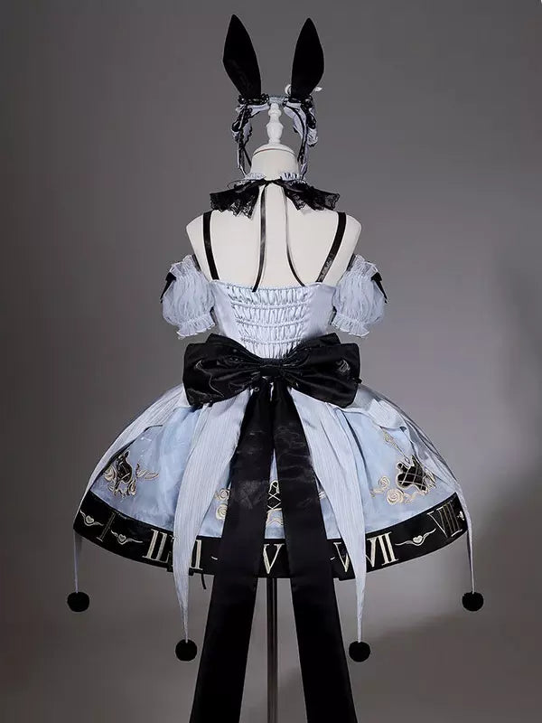 Blue Gothic Lolita Spaghetti Strap Layered Ruffle Bow Dress Set detail view 14