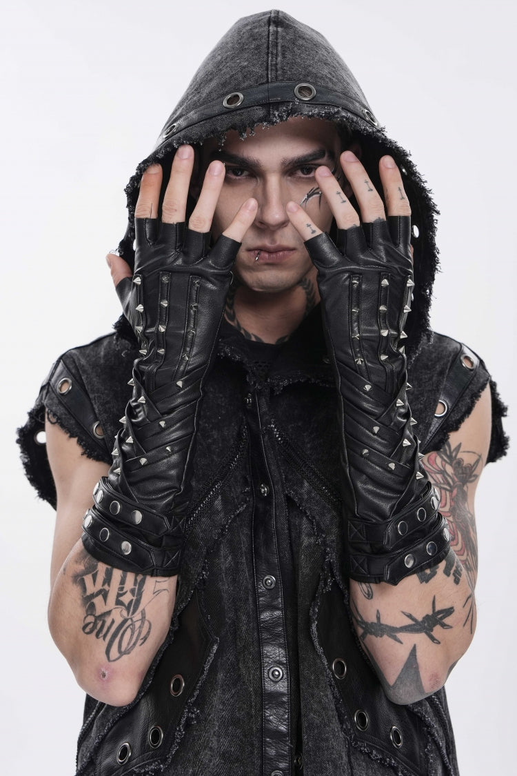 Black Studded Men's Punk Cool Fingerless Gloves - Black - 1