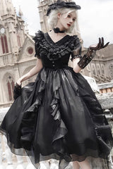 Black V-Neck Lace Cla Daily Short Puff Sleeves Gothic Lolita Dress - Product - 5