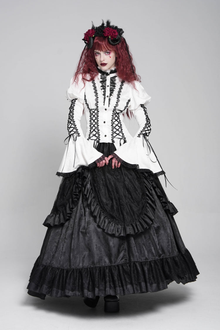 White Stand Collar Long Puff Sleeves Floral Jacquard Lace-Up Women's Gothic Blouse - Product - 11