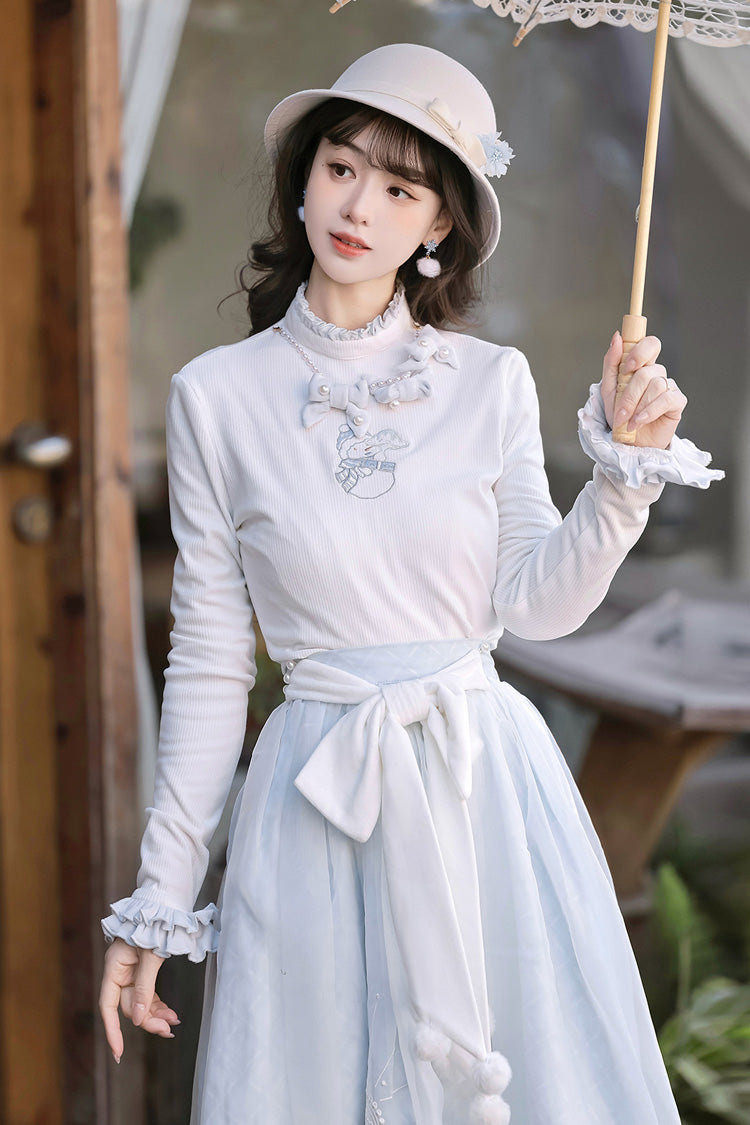 White/Blue [Sunny Sky Snow Doll] Long Sleeves Embroidered Bow Sweet Elegant Lolita Skirt Coat Set - Product - 10