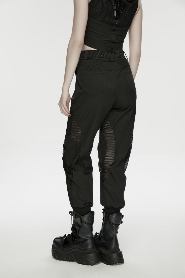Black Women's Punk Handsome Buckle-up Studded Mesh Cargo Pants - Product - 9