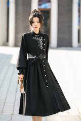 Black Mysterious Long Sleeves Chinese Style Single Breasted High Waisted Print Hanfu Dress - Product - 7