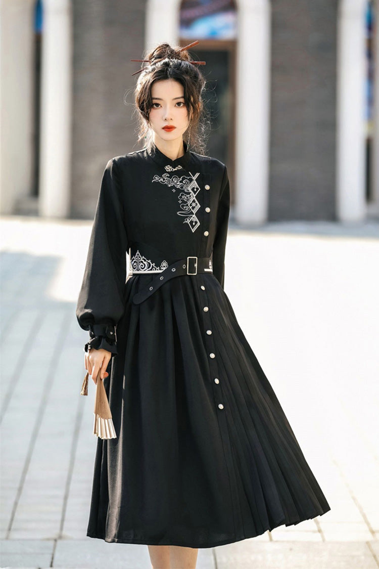 Black Mysterious Long Sleeves Chinese Style Single Breasted High Waisted Print Hanfu Dress - Product - 7