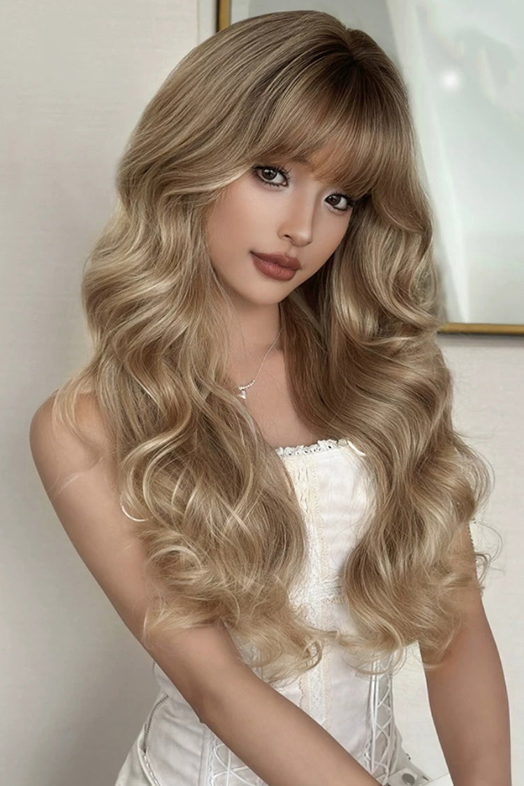 Stellar Glow Brown-Gold Balayage Lazy Vibe Long Big Wavy Wig with Blunt Bangs - Product - 2