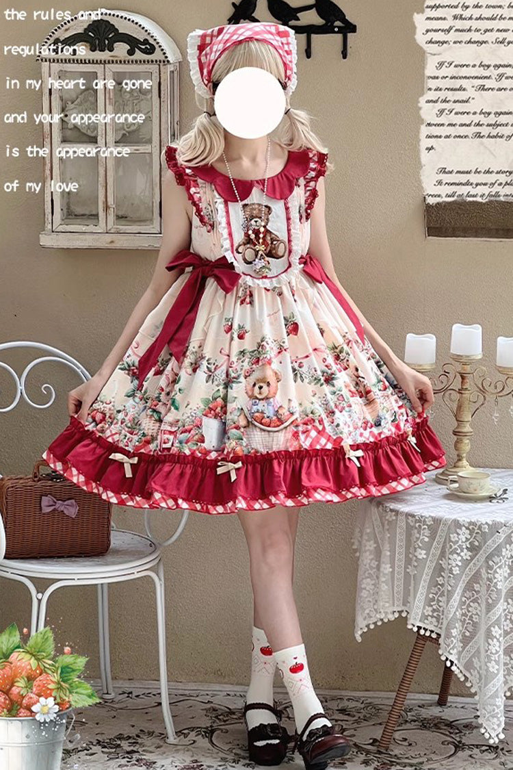 Red [December Strawberry Bear] Print Ruffle Bowknot Sweet Lolita Dress - Red - 1