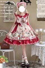Red [December Strawberry Bear] Print Ruffle Bowknot Sweet Lolita Dress - Red - 1