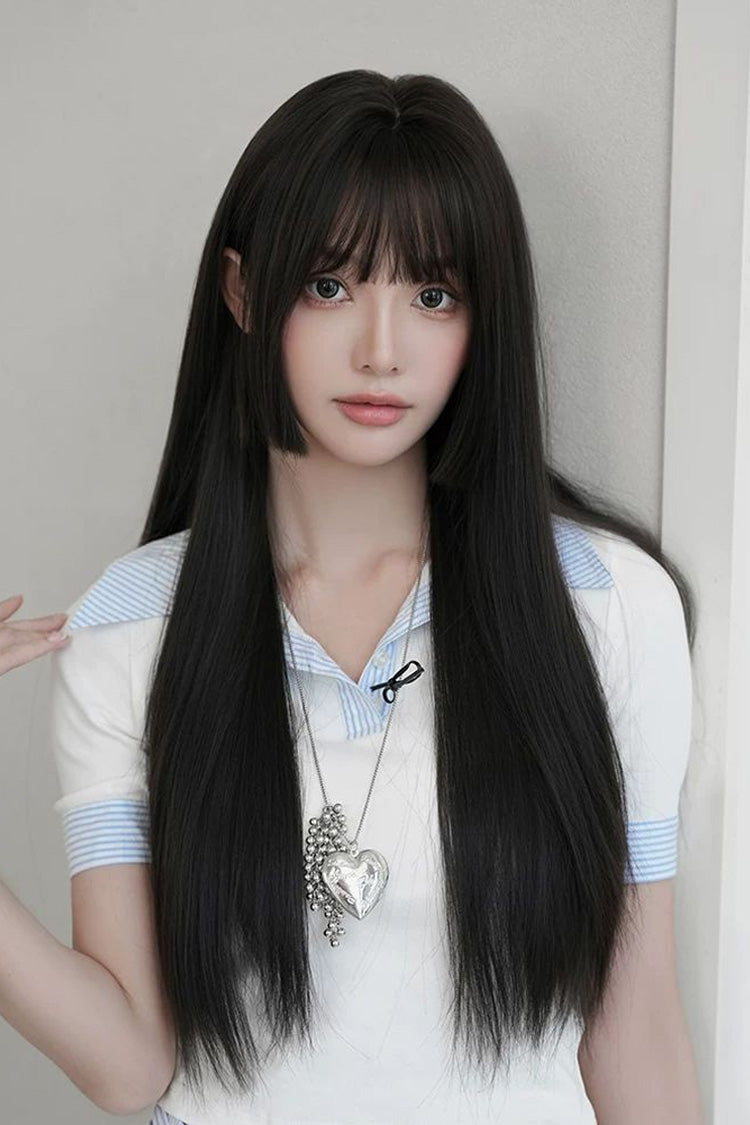 Black Brown Face-Framing Hime Cut Long Straight Wig with Full Bangs - Black-Brown - 1