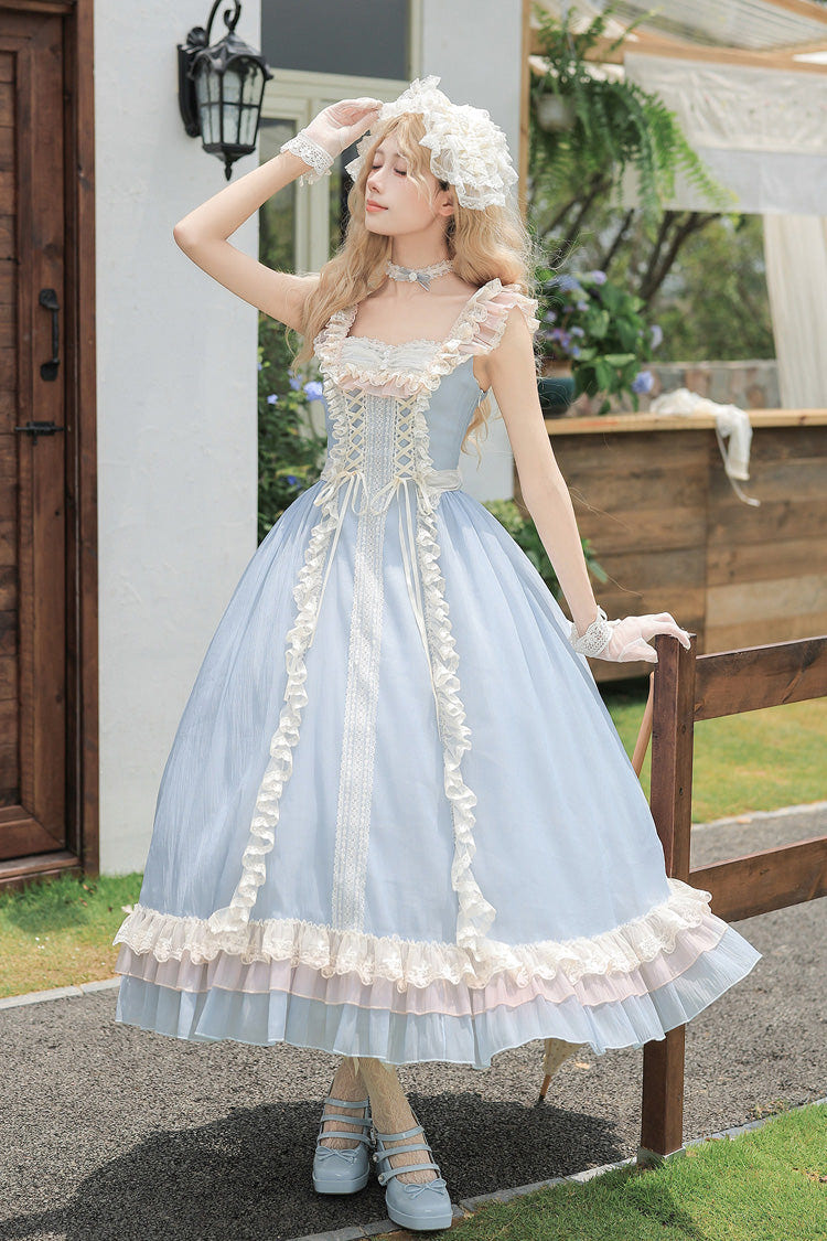 Blue [Island Diary] Square Collar Flutter Sleeves Triple-Layered Ruffled Lace-Up Sweet Lolita Jsk Dress 2 Versions - Product - 13