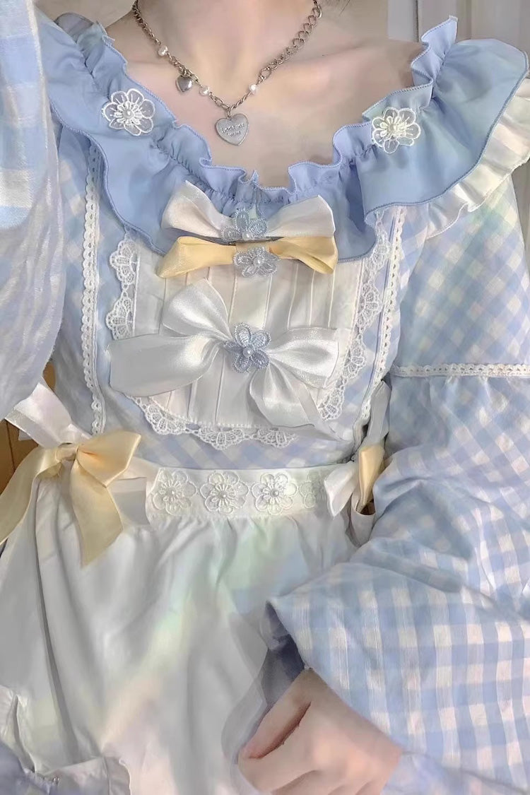 Blue Plaid Print Long Sleeves Bowknot Lace Sweet Lolita Dress - Product - 5