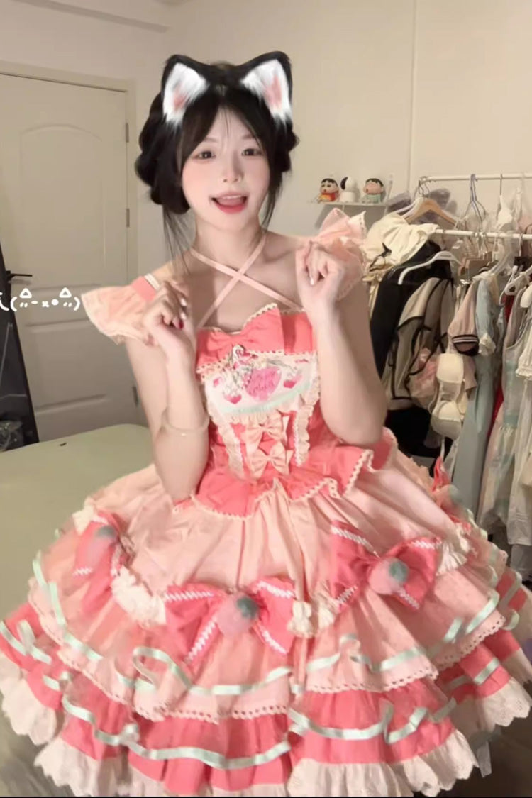 Pink Multi-Layered [Cream Strawberries] Print Ruffle Bowknot Sweet Lolita Tiered Dress - Product - 4