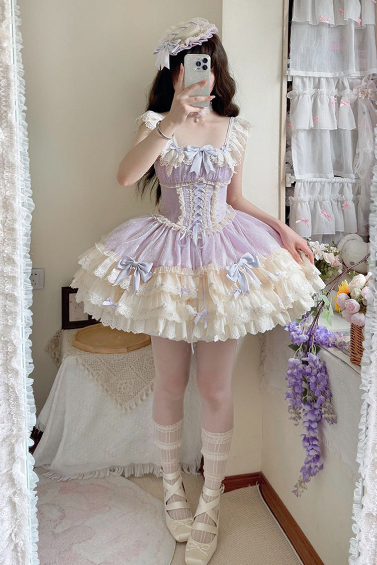 Purple [Flory Butterfly] Double-Layered Ruffle Bowknot Lace Lace-Up Sweet Ballet Lolita Jsk Dress - Product - 5