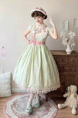 Green [Sakura’s Spring Resonance] Sleeveless Ruffled Bow Sweet Lolita Jsk Dress (Long Version) - Product - 2