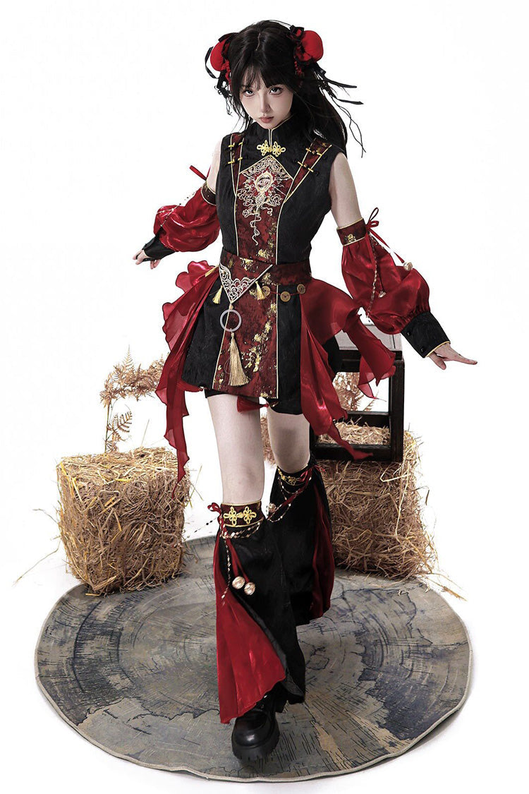 Black/Red [Demon Hunter] Stand Collar Sleeveless Embroidered Gothic Chinese Inspired Cool Ouji Hanfu Set - Product - 8