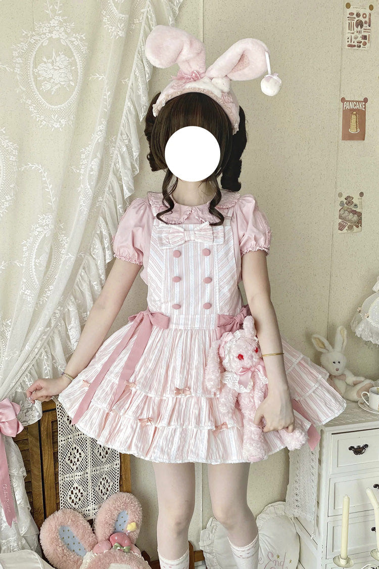 Pink Cotton Sleeveless Triple-Layered Printed Ruffled Bow Sweet Lolita Strap Dress - Product - 4
