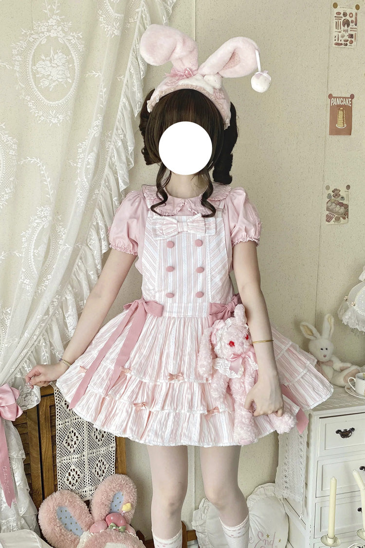 Pink Cotton Sleeveless Triple-Layered Printed Ruffled Bow Sweet Lolita Strap Dress - Product - 4