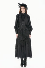 Black Point Collar Long Bishop Sleeves Rose Jacquard Irregular Hem Women's Gothic Blouse with Detachable Tie - Product - 7