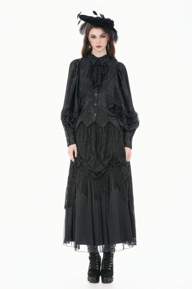 Black Point Collar Long Bishop Sleeves Rose Jacquard Irregular Hem Women's Gothic Blouse with Detachable Tie - Product - 7