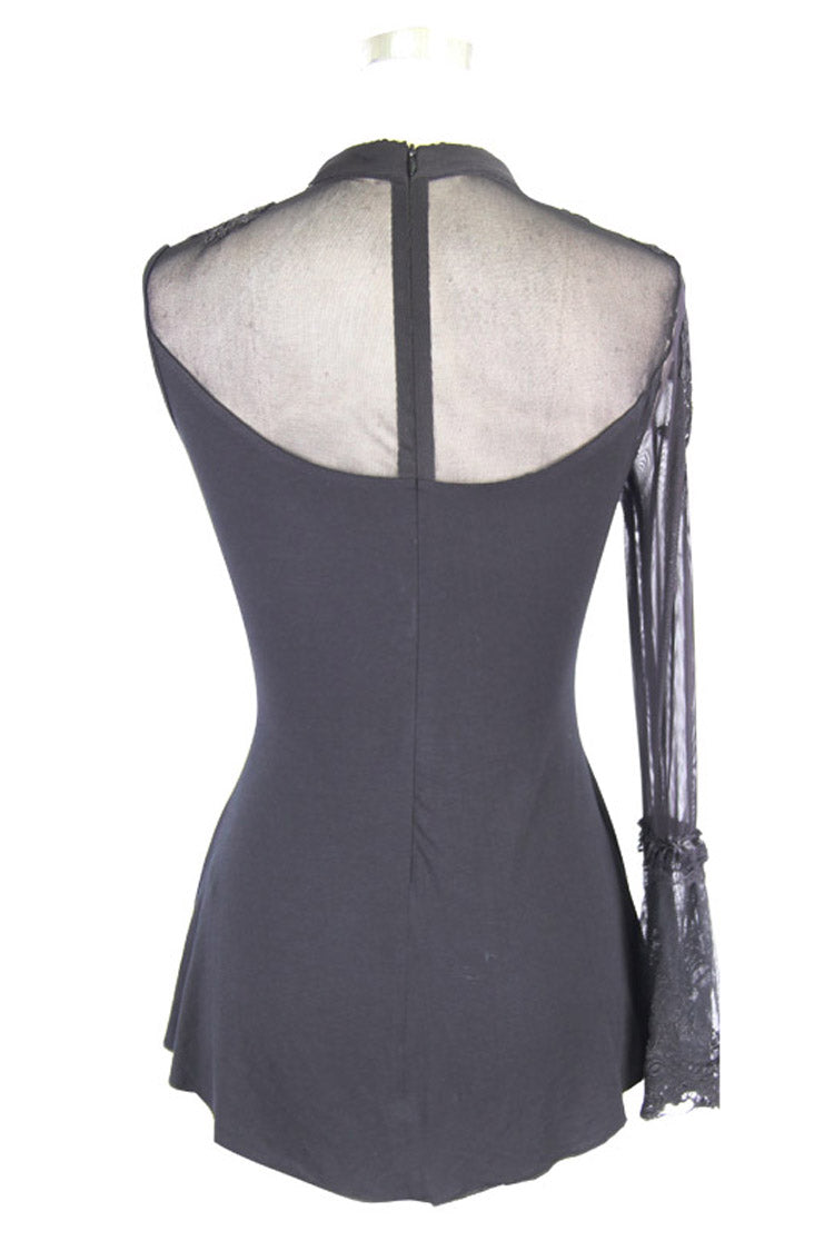 Black Shoulder Decals Feather Decoration Single Sleeve Splice Mesh Women's Gothic Knit - Product - 9