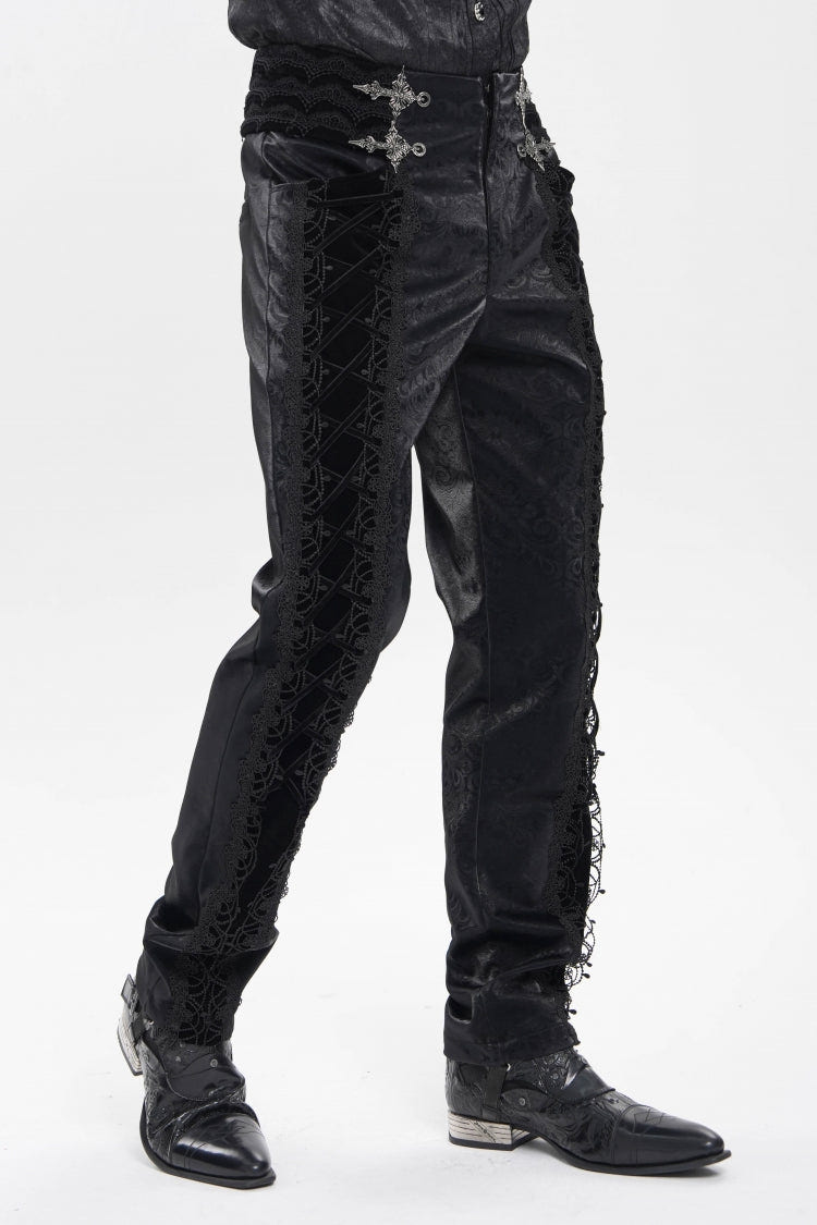 Black Printed Embroidered Spliced Lace-Up Men's Gothic Pants - Product - 6