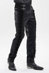 Black Printed Embroidered Spliced Lace-Up Men's Gothic Pants - Product - 6