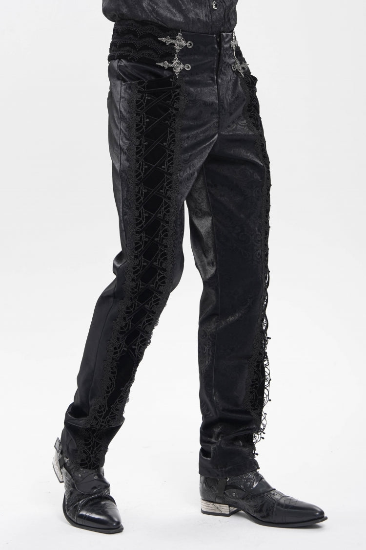 Black Printed Embroidered Spliced Lace-Up Men's Gothic Pants - Product - 6