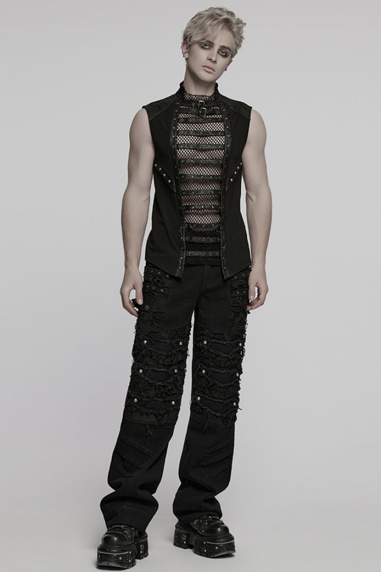 Black Sleeveless Stitching Mesh Eyelet Straps Men's Punk Vest - Product - 4
