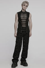 Black Sleeveless Stitching Mesh Eyelet Straps Men's Punk Vest - Product - 4