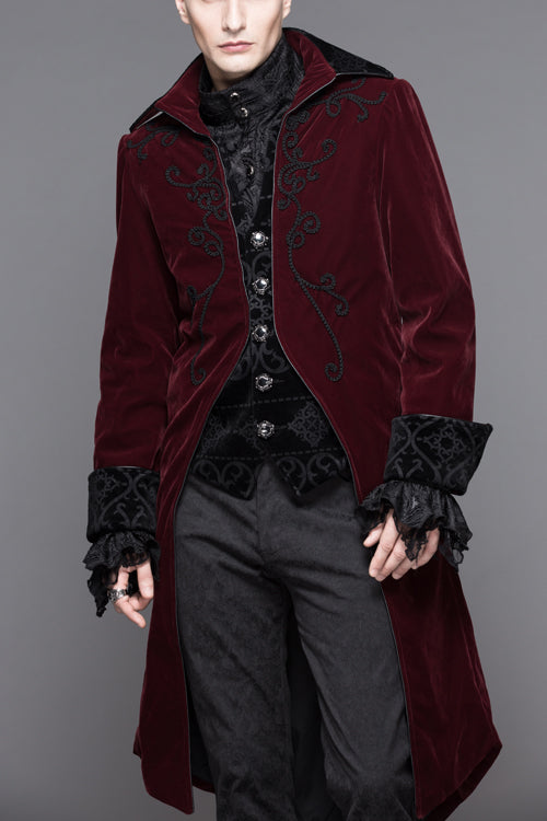 Red Party Fake Two Pieces Velvet Mens Gothic Long Coat - Red - 1