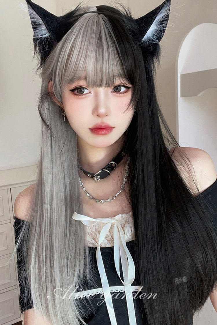 Gray/Black Duplex Long Straight Sweet Lolita Wigs - Gray/Black - 1