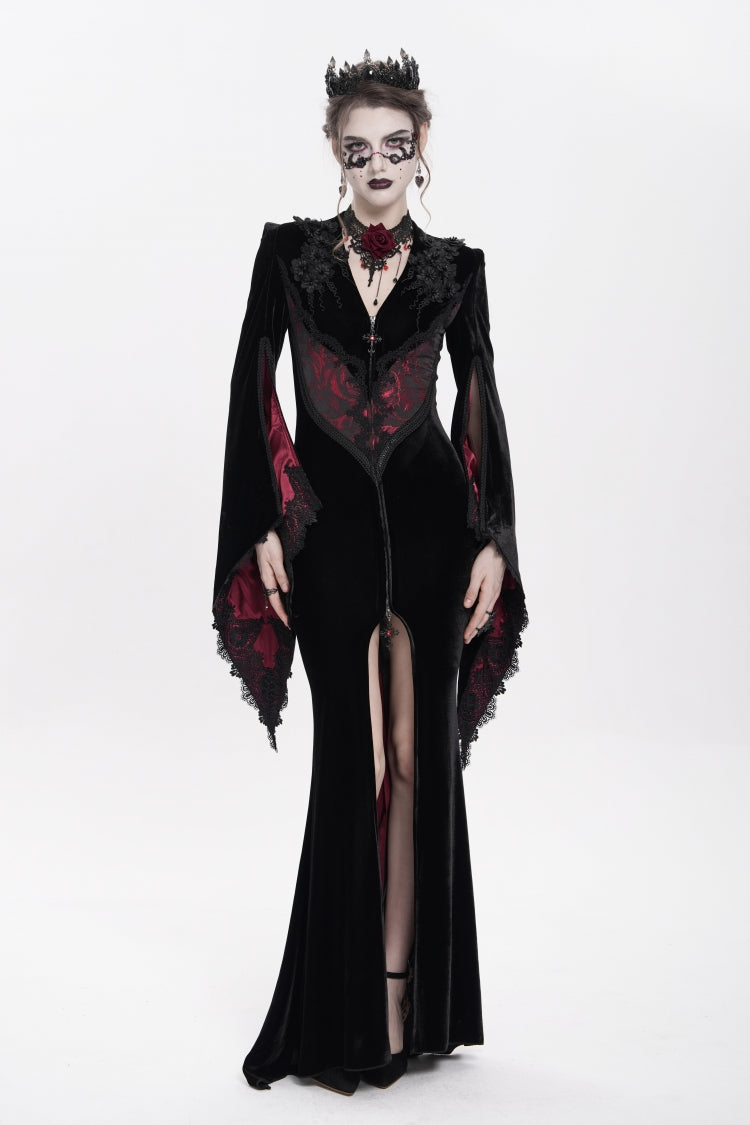 Black/Red V Collar Long Trumpet Sleeves Floral Embroidered Velvet Women's Gothic Dress - Black/Red - 1