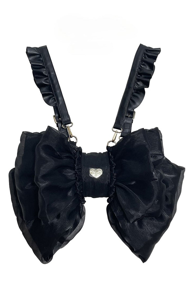Black Big Bowknot Metal Heart Nameplate Lolita Backpack - Black - 1