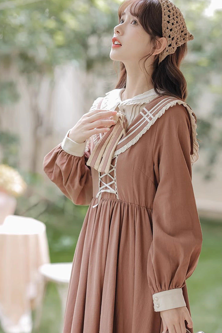 Brown Long Sleeves Multi-layer Ruffle Two Fake Pieces Sweet (Dress Only) detail view 8