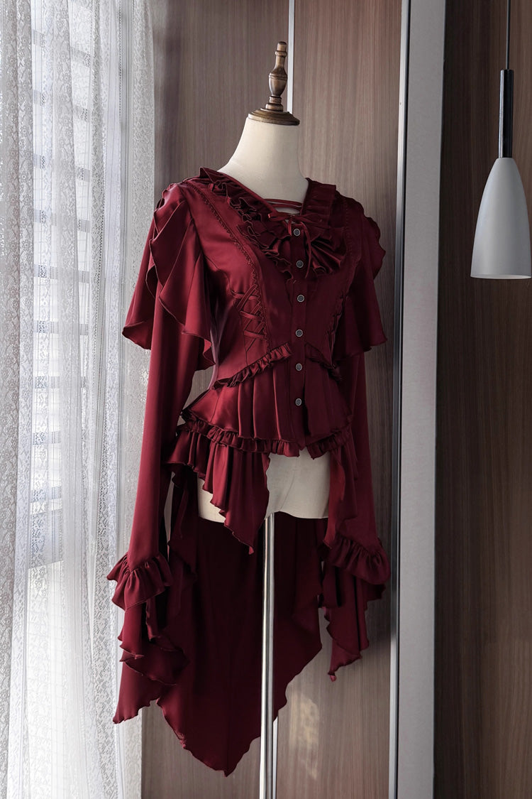 [Echoes of the Deep Sea] Long Hime Sleeves Ruffled Bow Lace-Up Gothic Ouji Lolita Blouse 4 Colors - Red - 3