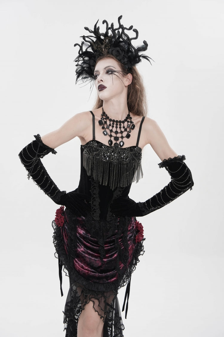 Black Lace-Up Women's Gothic Embroidered Tassels  Overbust Corset - Product - 8