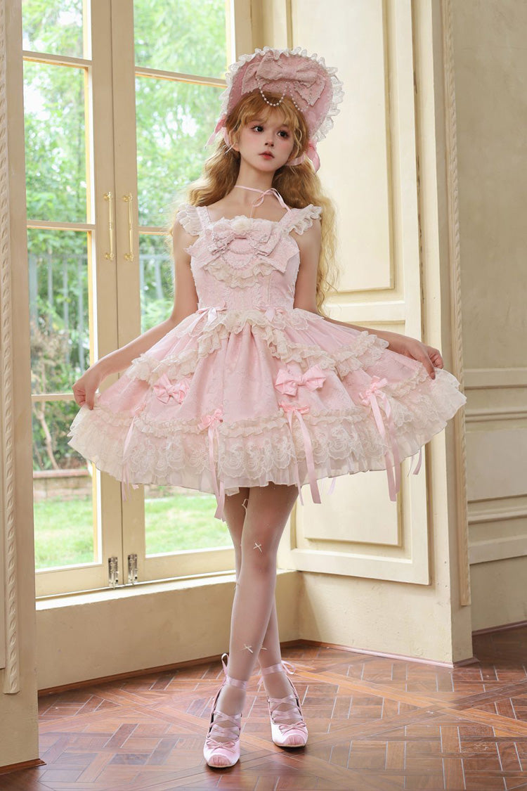 Pink [Blossoming Heart Love ] Sleeveless Dark Jacquard Print Bowknot Lace Sweet Lolita Jsk Dress - Product - 4