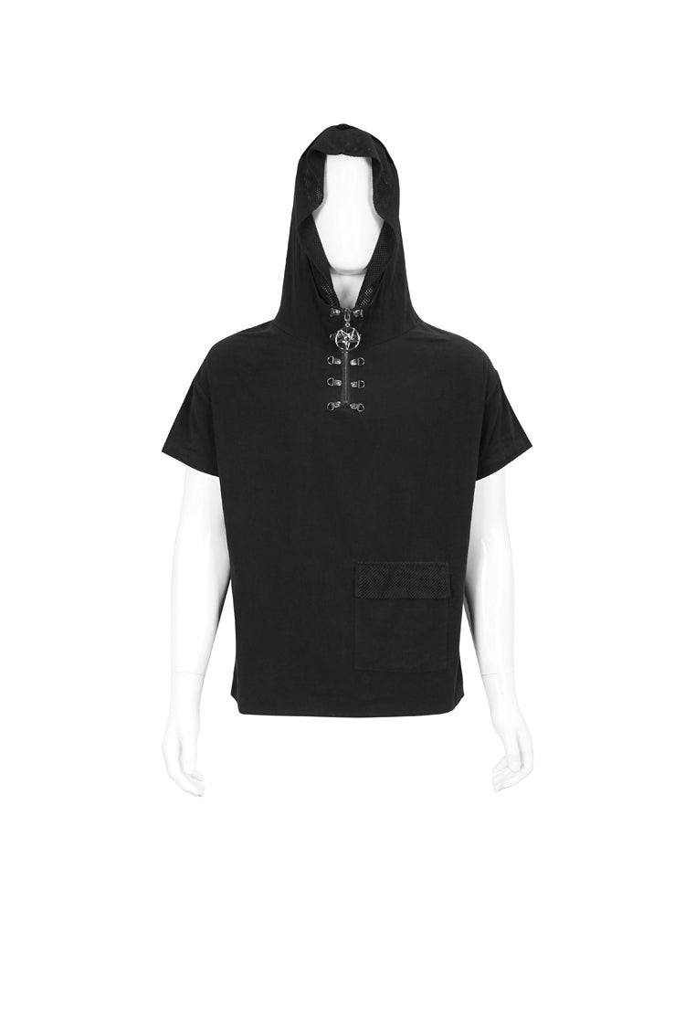 Black Hooded Mesh Splice Zipper Back Openwork Lace-Up Casual Short Sleeve Men's Punk T-Shirt - Product - 7