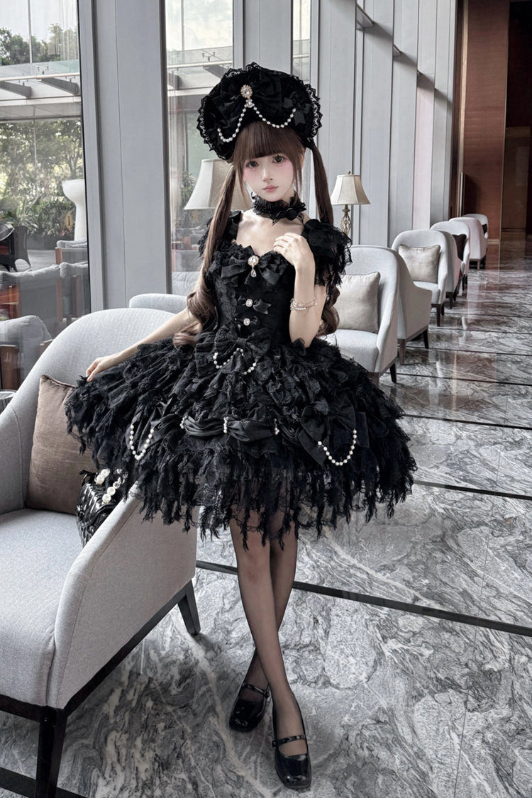 Black [Cloudborne Snowfeather] Sleeveless Multi-Layered Hanayome Bowknot Pearl Gothic Lolita Jsk Dress - Product - 6