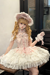 Pink [Pearl Ballet] Square Collar Sleeveless Multi-Layered Ruffled Bow Lace-Up Pearl-Decorated Sweet Ballet Lolita Jsk Dress - Product - 2