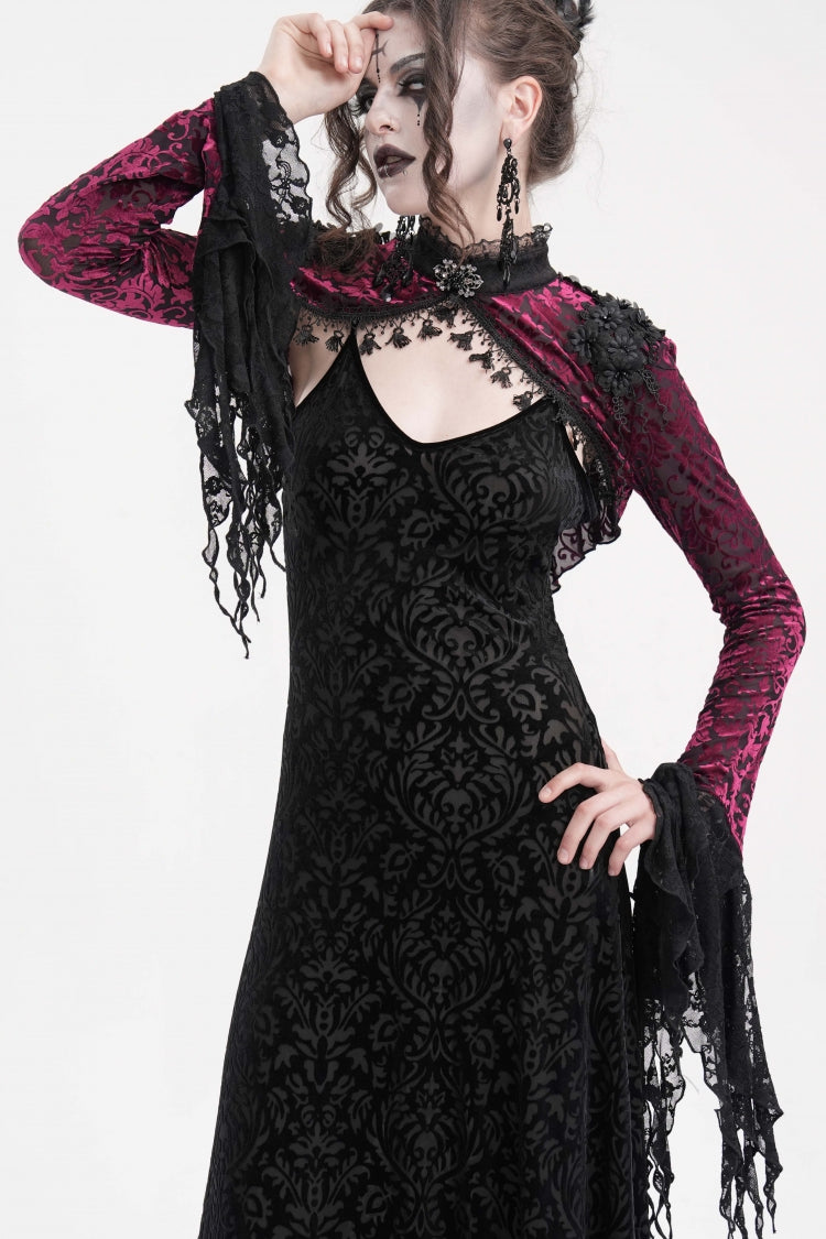 Black/Purple Stand Collar Long Sleeves Lace Tassels Women's Gothic Cape - Black/Purple - 1