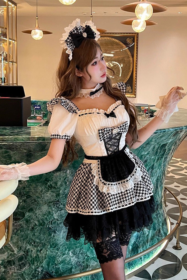 Black/White [Lovely Houndstooth] Square Collar Short Sleeves Print Ruffle Bowknot Lace Maid Sweet Lolita Dress - Product - 6