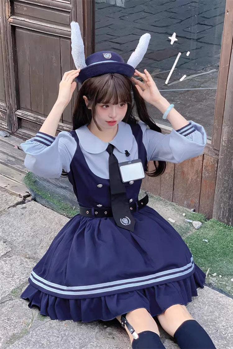 Blue [Rabbit Officer] Long Sleeves Printed Ruffled Faux Two-Piece College Style Sweet Lolita Dress - Product - 2