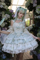 Green [Prelude of Spring Cherry] Square Collar Sleeveless Multi-Layered Jacquard Ruffled Bow Lace Pearl-Decorated Sweet Lolita Jsk Dress - Product - 6