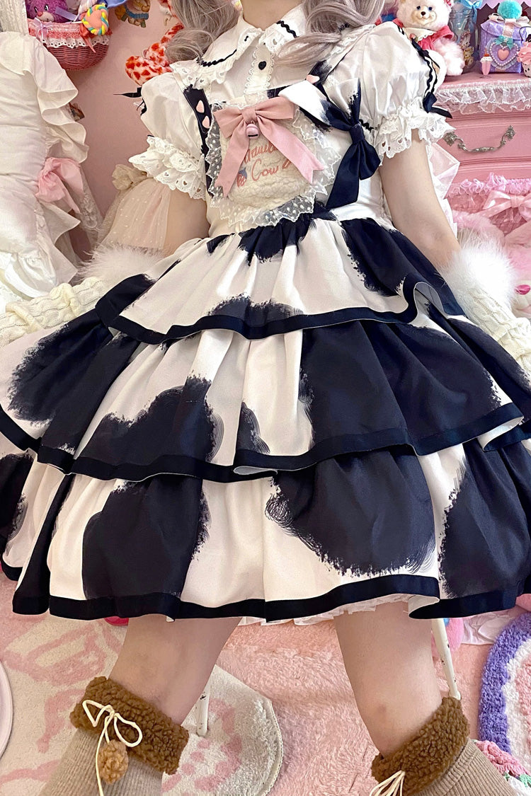 Black Sleeveless Triple-Layered Cow Print Ruffle Bowknot Sweet Lolita Jsk Dress - Product - 10