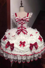 White/Red [Sweetheart] Sleeveless Multi-Layered Embroidered Bow Lace Lace-Up Sweet Lolita Jsk Dress - Product - 3