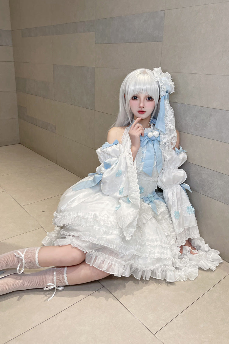 White Detachable Long Trumpet Sleeves Triple-Layered Ruffle Hanayome Bowknot Lace Sweet Lolita Dress - Product - 2