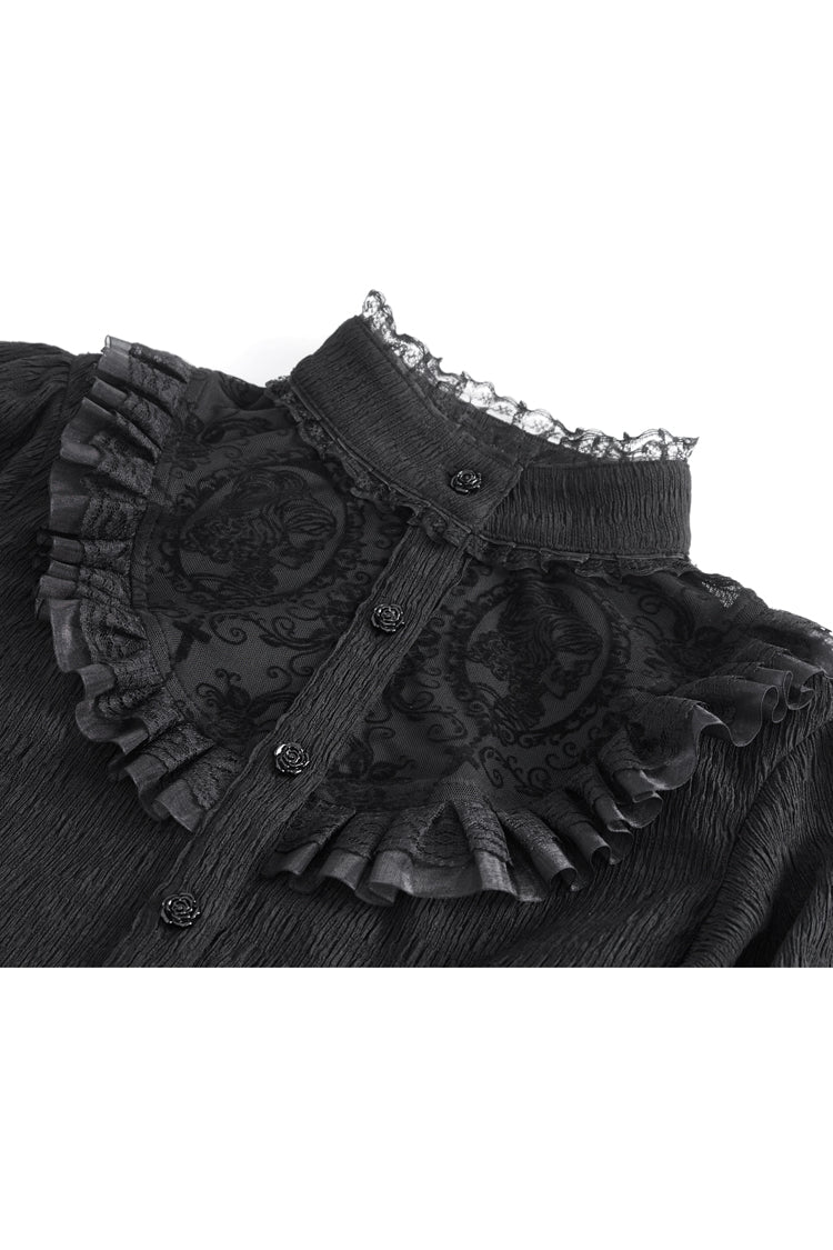 Black Stand Collar Trumpet Sleeves Ruffle Embroidery Lace Women's Gothic Blouse - Product - 8