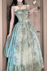 Green [Forest Garden] Print Ruffle Bowknot Sweet Lolita Jsk Long Dress - Product - 4