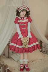 Red [Showa Memoir] Polka Dots Printed Ruffled Bow Sweet Lolita Dress - Product - 23