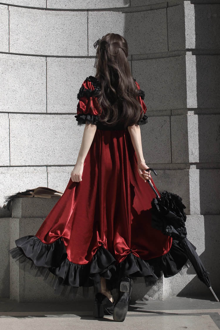 Red Square Collar Short Sleeves Ruffle Bowknot Sweet Regency-Style Vintage Lolita Dress - Product - 4